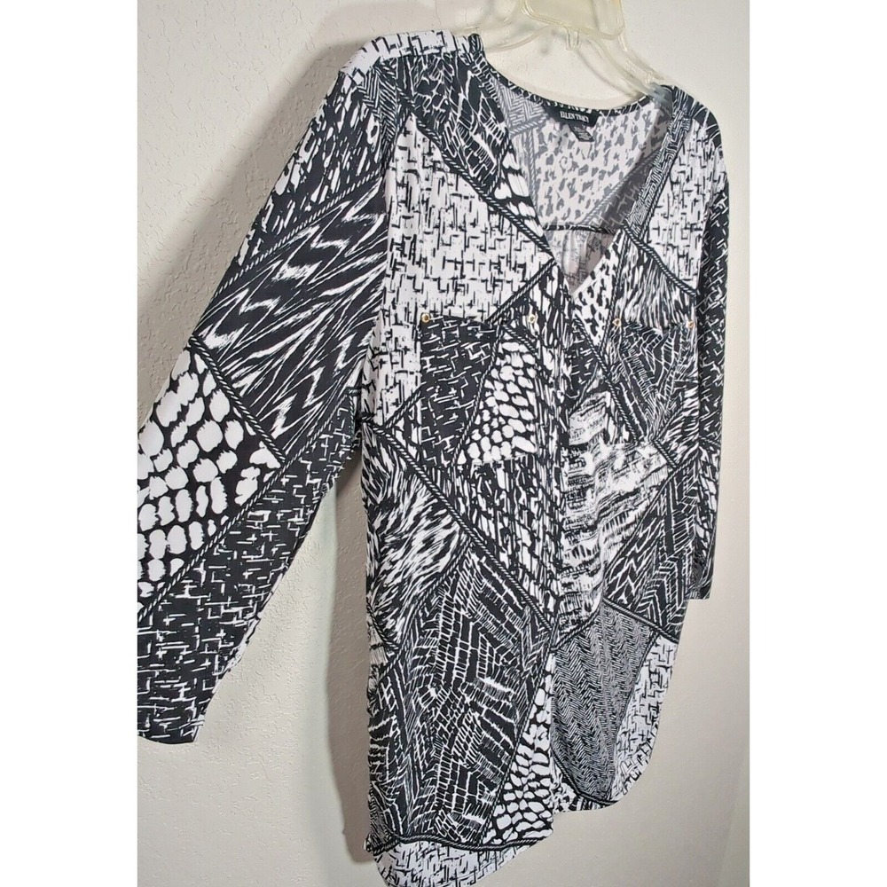 Ellen Tracy Tunic Top Womens XL Black White Geometric Patchwork 3/4 Sleeve